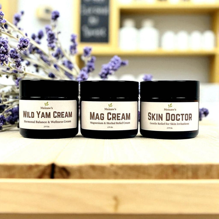 Memaw’s 2 oz cream set — Wild Yam Cream, Mag Cream, and Skin Doctor natural herbal creams displayed together.