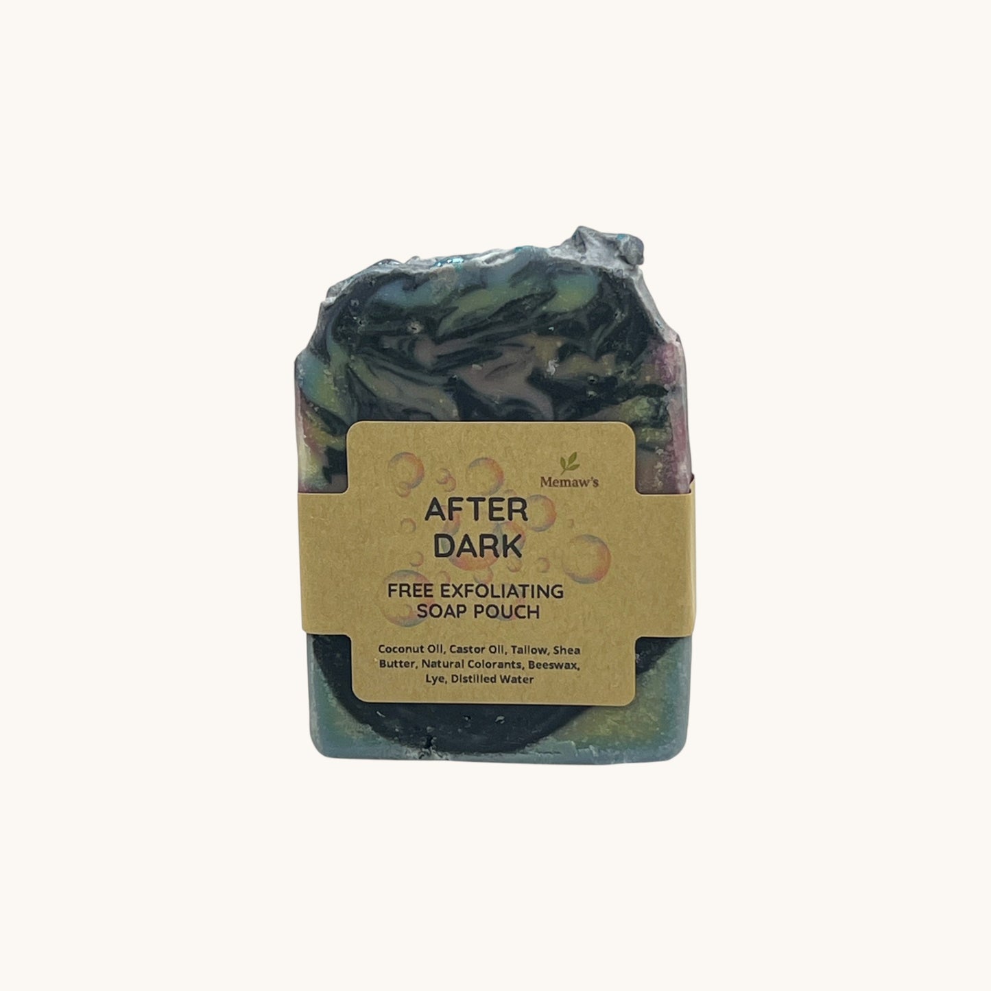 Memaw’s After Dark tallow soap bar with label, handcrafted natural soap in dark marbled tones of green, black, and gold.