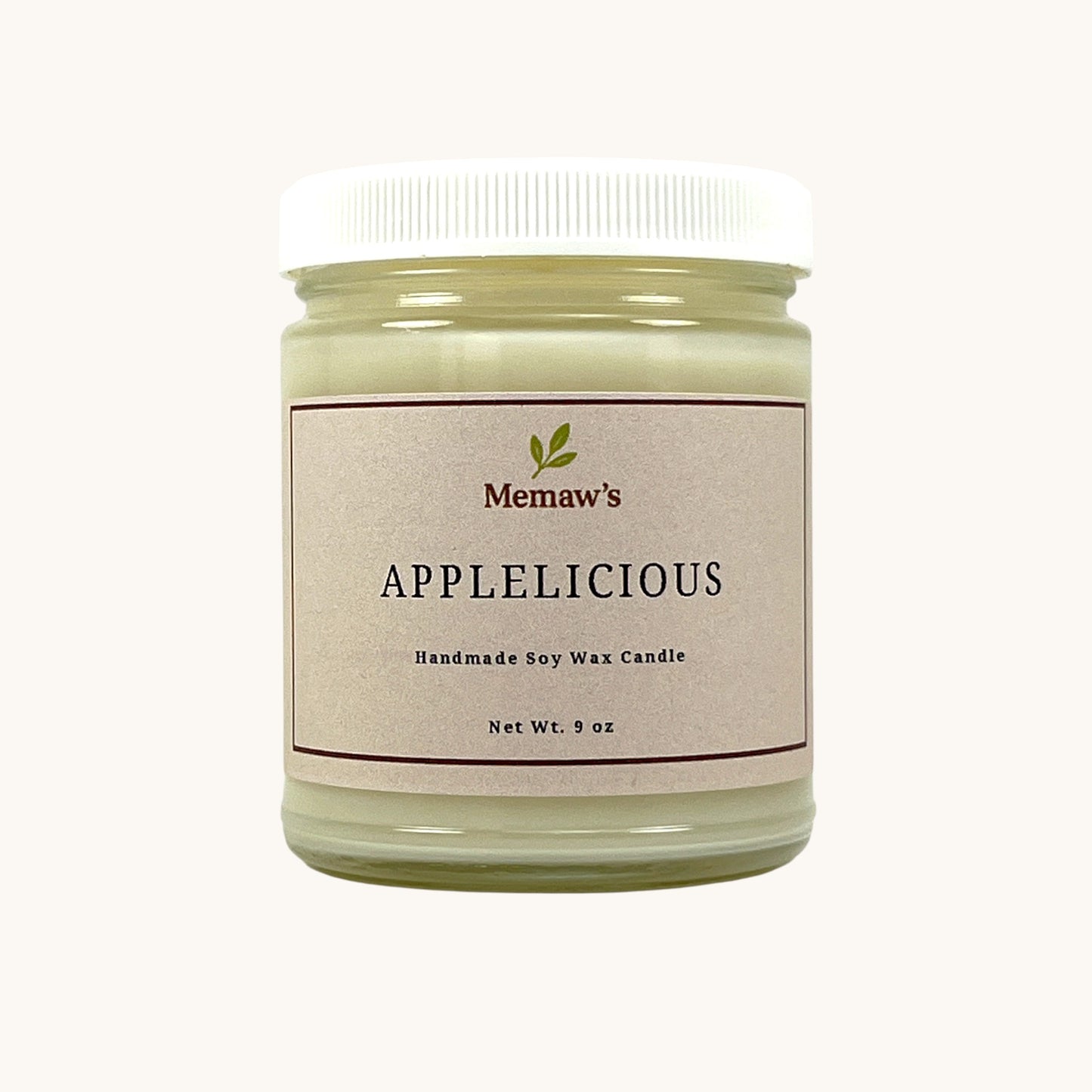 Memaw’s Appelicious soy wax candle in 9 oz glass jar.