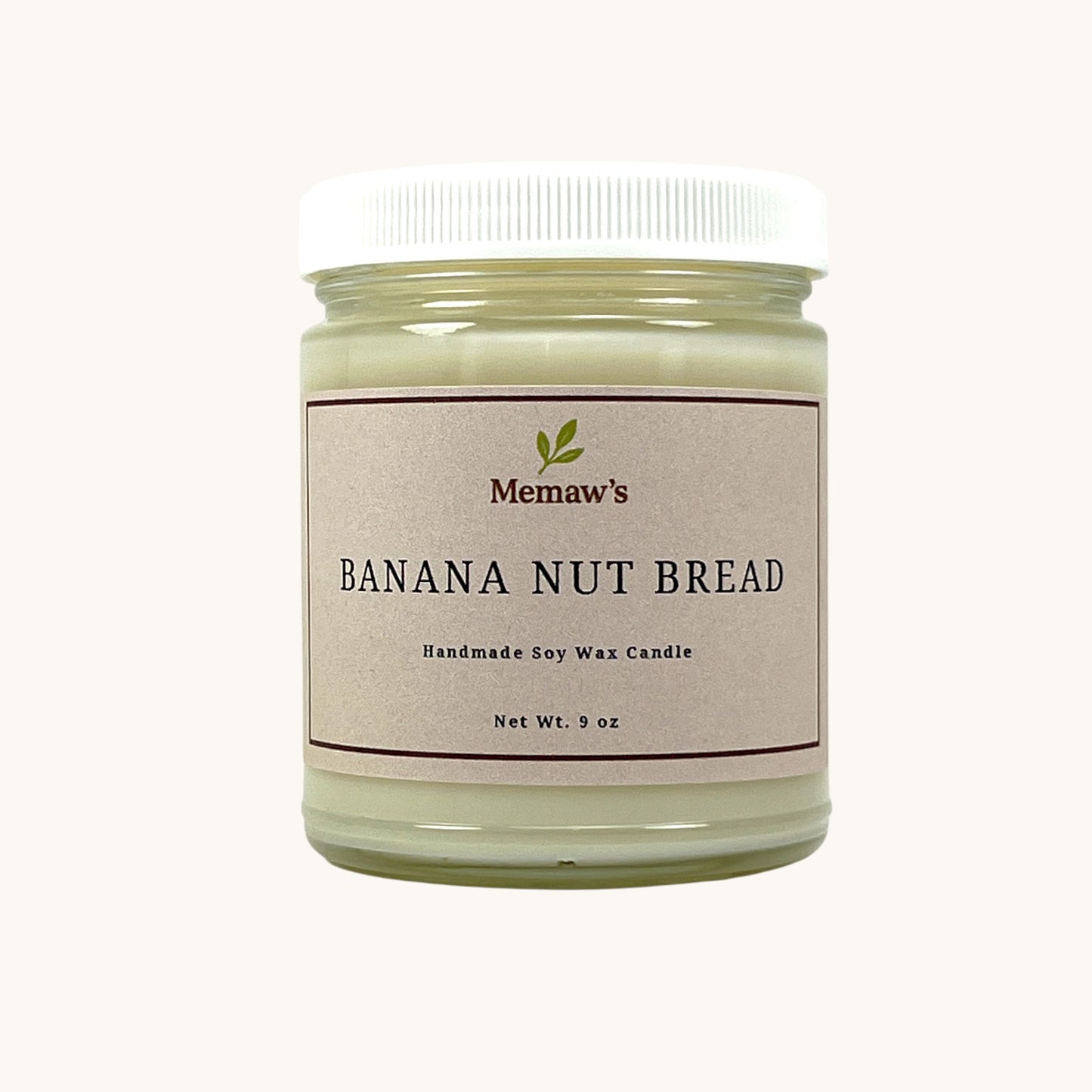 Memaw’s Banana Nut Bread soy wax candle in 9 oz jar.