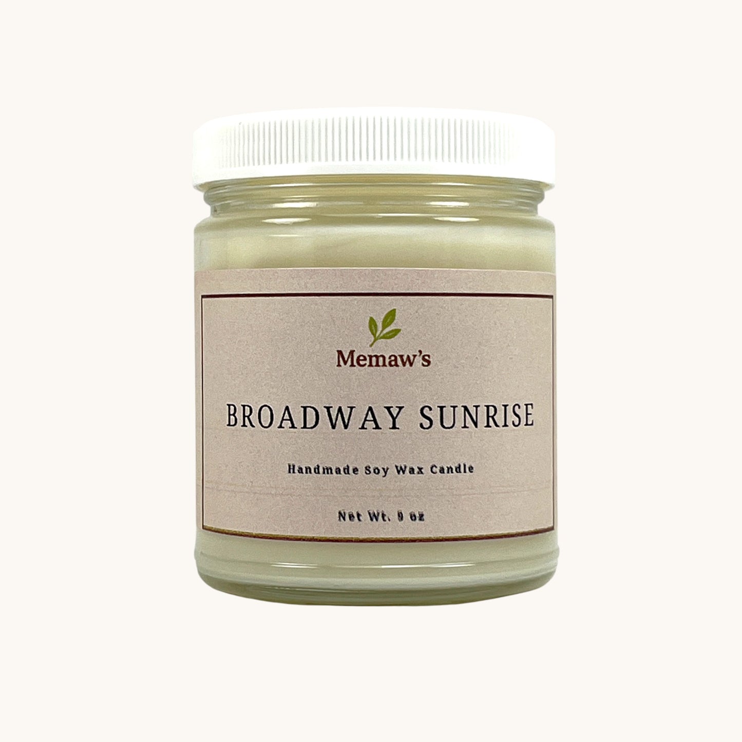 Memaw’s Broadway Sunrise soy wax candle in 9 oz jar.