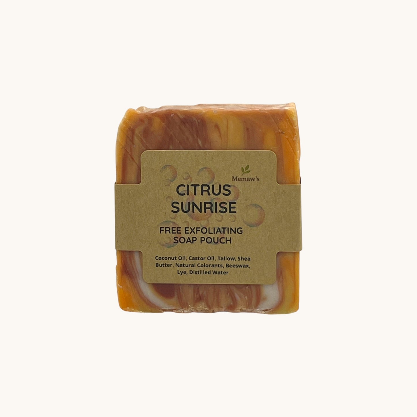 Memaw’s Citrus Sunrise tallow soap bar with label, handcrafted natural soap in bright orange and yellow tones.