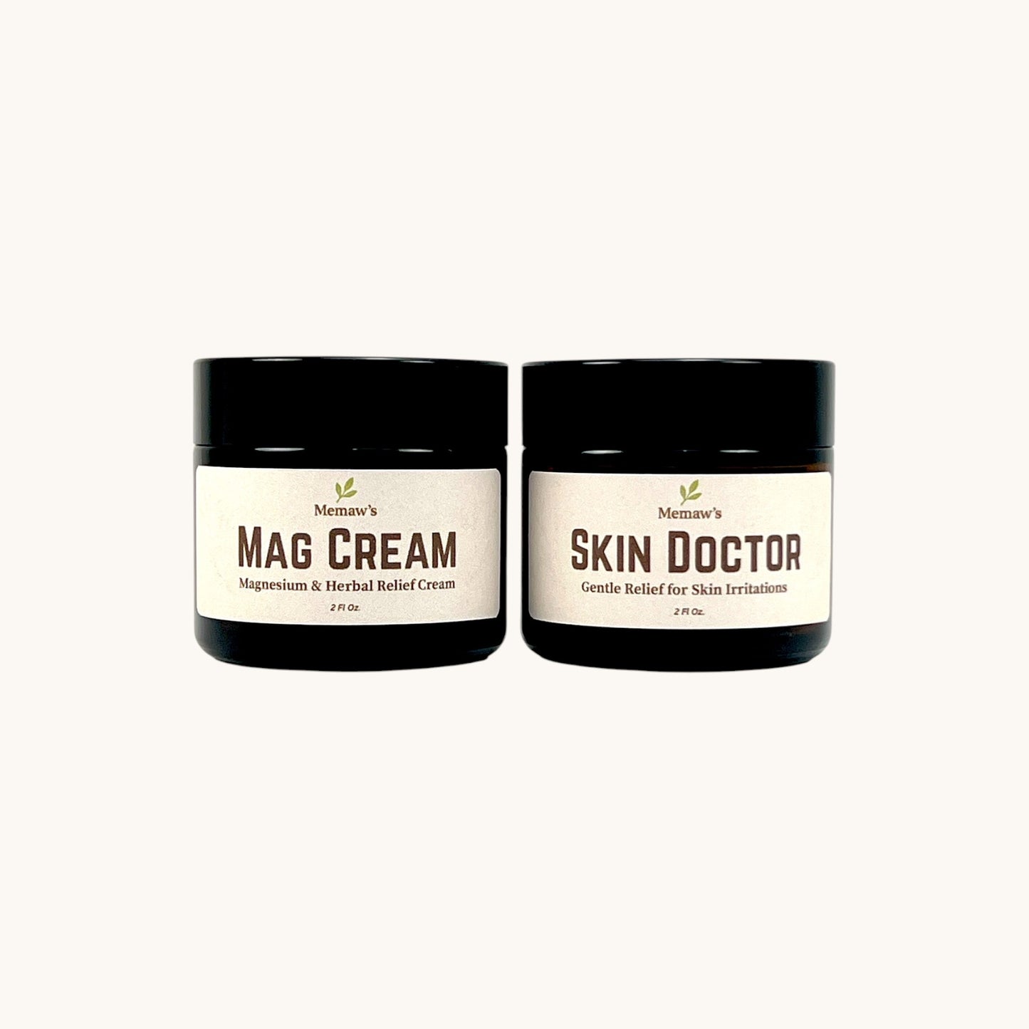 Memaw’s 2 oz Mag Cream and Skin Doctor jars — herbal relief creams for muscles, skin, and overall comfort.