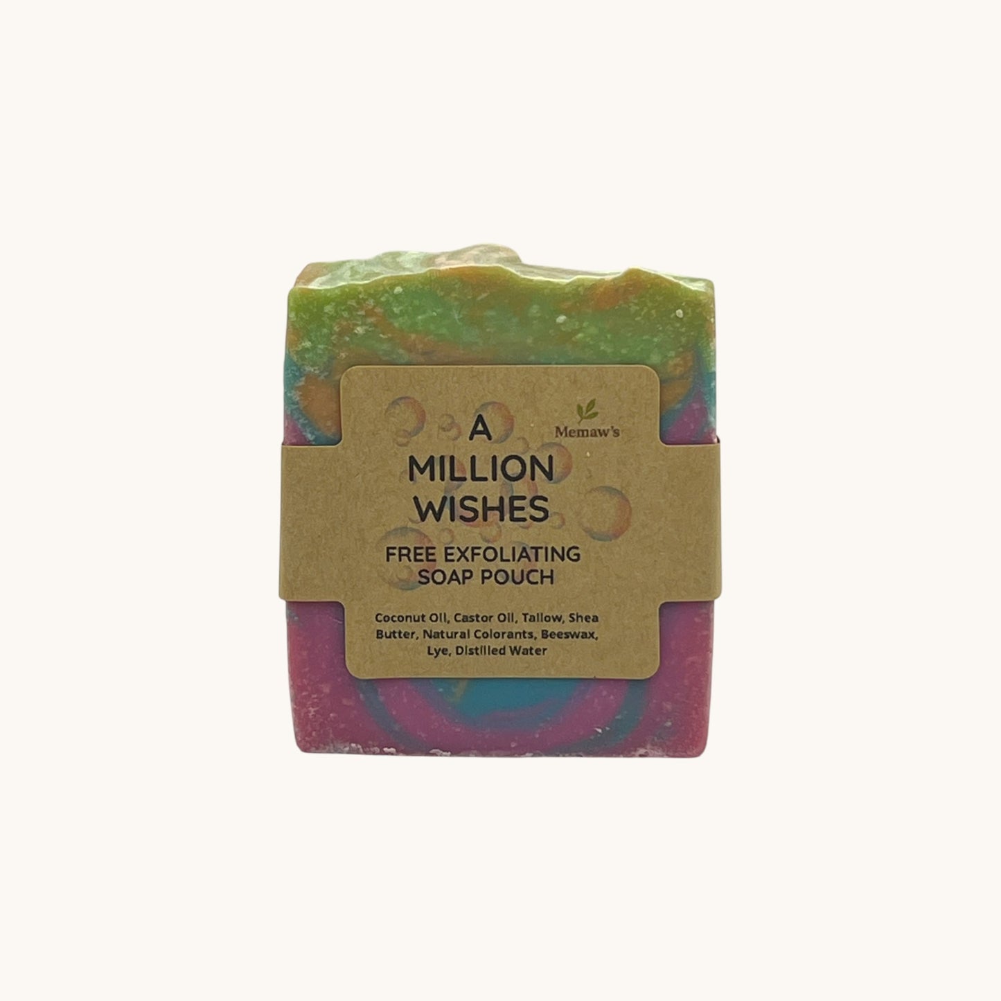 Memaw’s Million Wishes tallow soap bar with label, handcrafted soap in bright pink, green, and blue swirls.