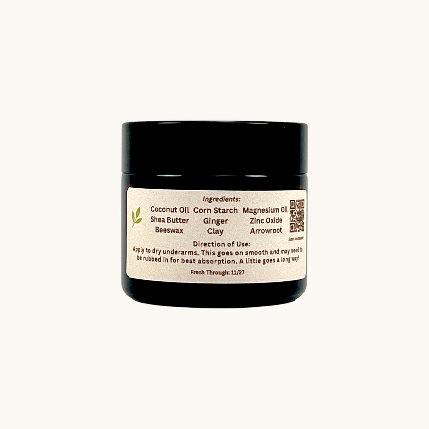 Back label of Memaw’s Pure Pits Deodorant 2 oz jar with ingredients and directions.