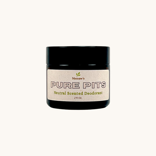 Memaw’s Pure Pits Neutral Scented Deodorant 2 oz jar — gentle, plant-based deodorant with a light natural aroma.