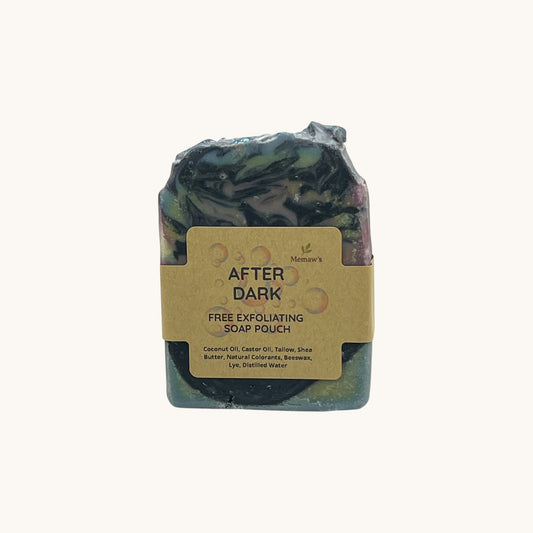 Memaw’s After Dark tallow soap bar with label, handcrafted natural soap in dark marbled tones of green, black, and gold.