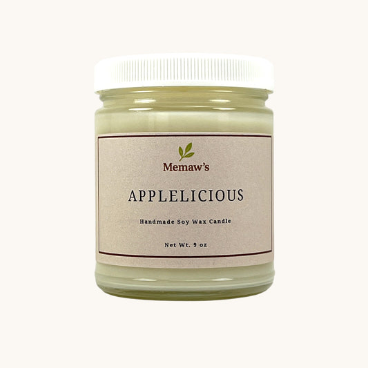 Memaw’s Appelicious soy wax candle in 9 oz glass jar.