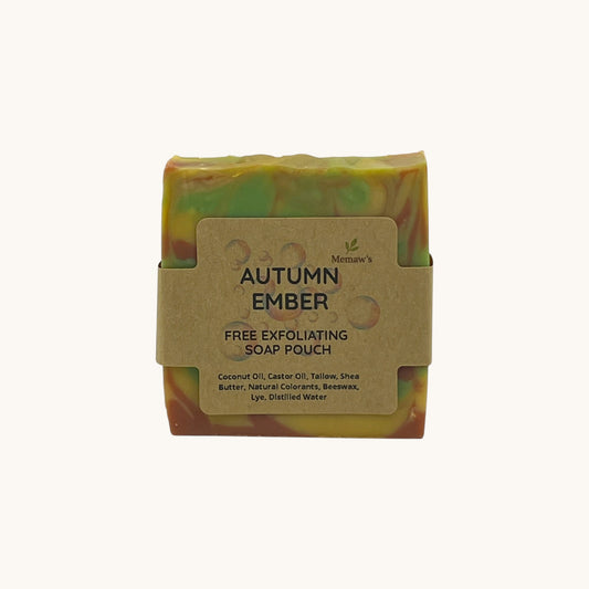 Memaw’s Autumn Ember tallow soap bar with label, handcrafted natural soap in warm fall colors.