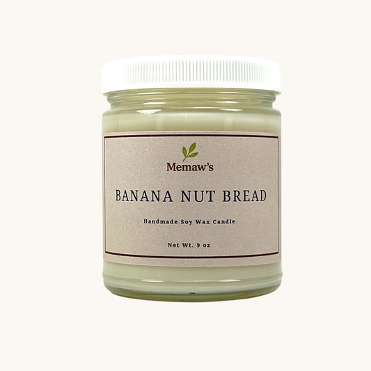 Memaw’s Banana Nut Bread soy wax candle in 9 oz jar.