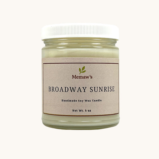 Memaw’s Broadway Sunrise soy wax candle in 9 oz jar.