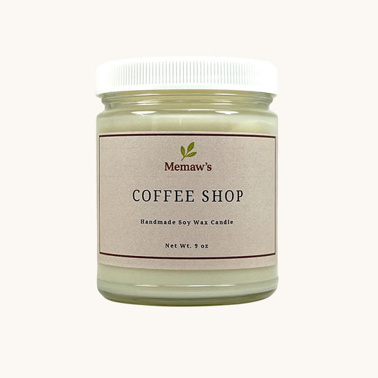 Memaw’s Coffee Shop soy wax candle in 9 oz glass jar.