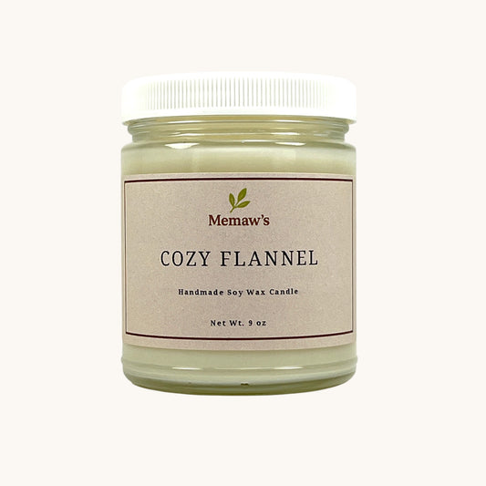 Memaw’s Cozy Flannel soy wax candle in 9 oz glass jar.