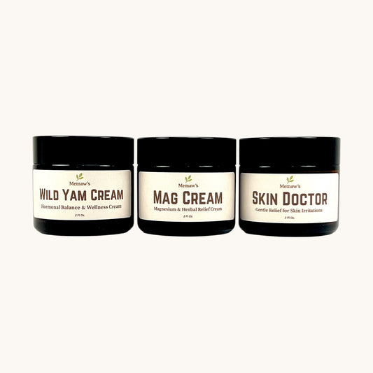 Memaw’s 2 oz cream set — Wild Yam Cream, Mag Cream, and Skin Doctor natural herbal creams displayed together.