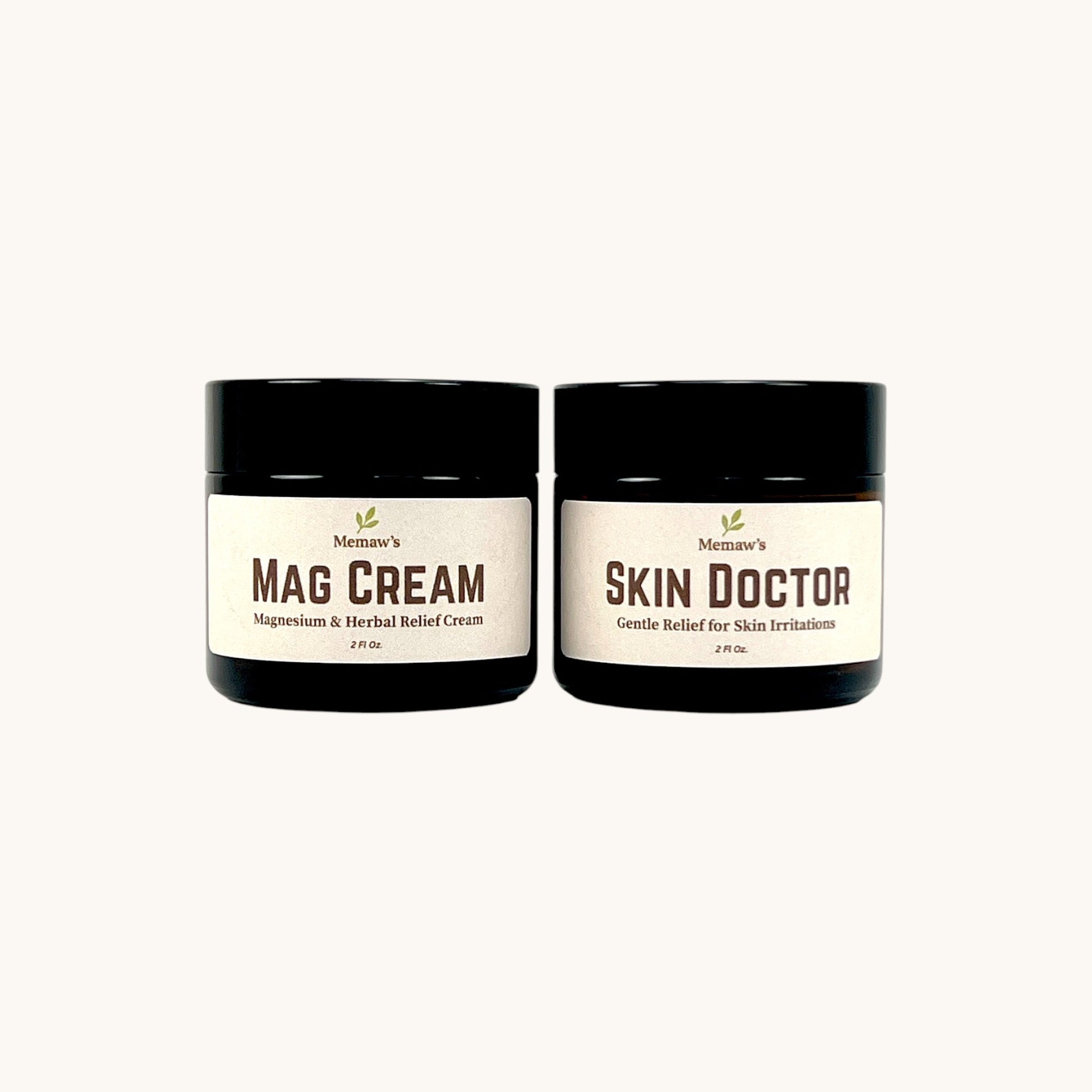 Memaw’s 2 oz Mag Cream and Skin Doctor jars — herbal relief creams for muscles, skin, and overall comfort.