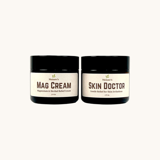 Memaw’s 2 oz Mag Cream and Skin Doctor jars — herbal relief creams for muscles, skin, and overall comfort.