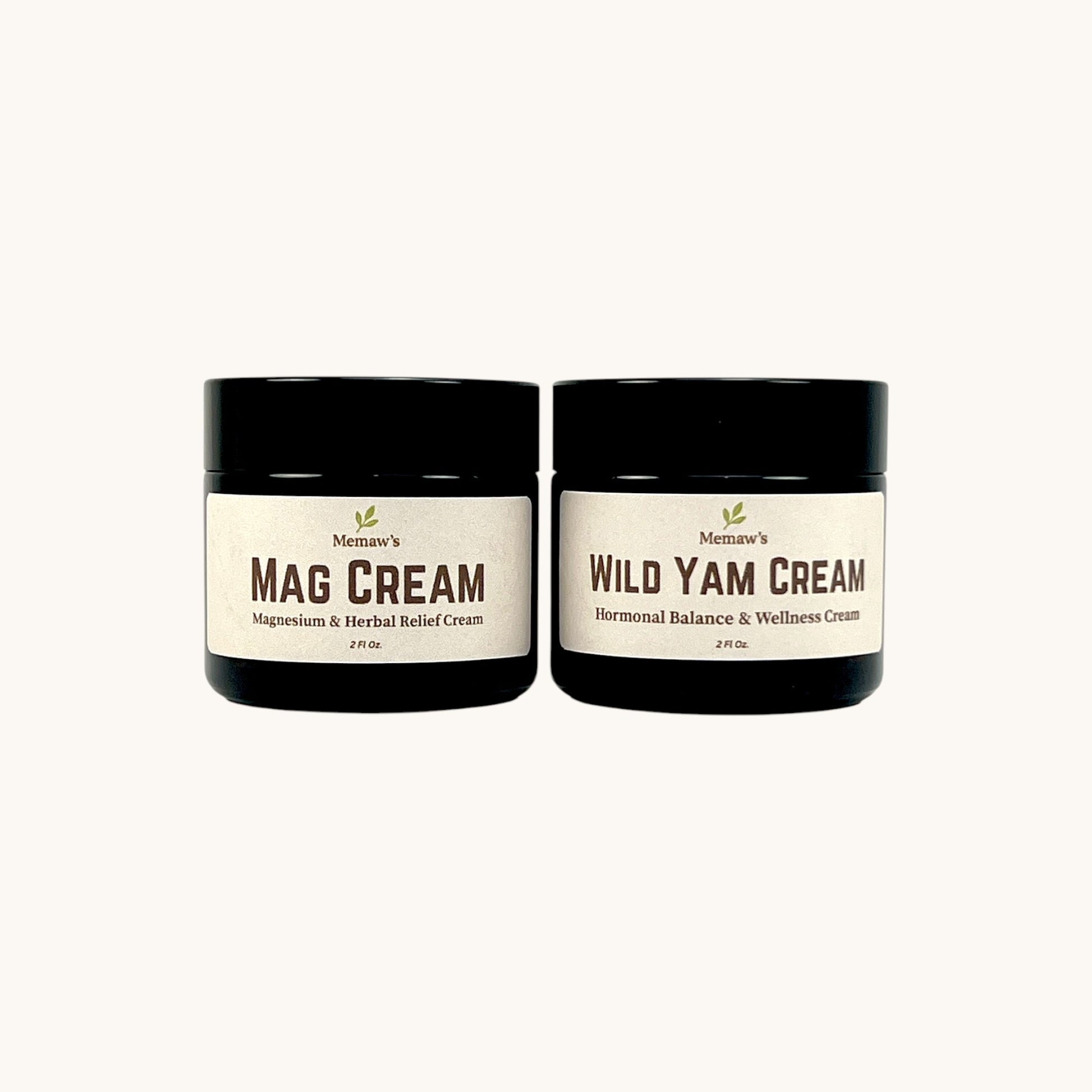Memaw’s 2 oz Mag Cream and Wild Yam Cream jars — natural herbal creams for balance, relaxation, and skin wellness