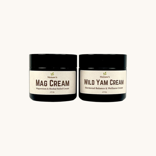 Memaw’s 2 oz Mag Cream and Wild Yam Cream jars — natural herbal creams for balance, relaxation, and skin wellness