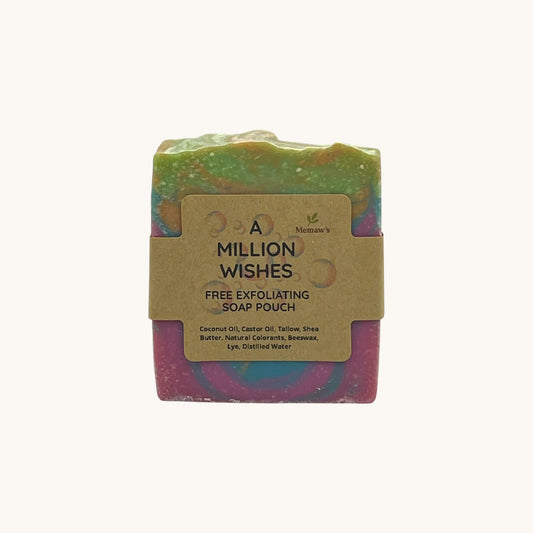 Memaw’s Million Wishes tallow soap bar with label, handcrafted soap in bright pink, green, and blue swirls.