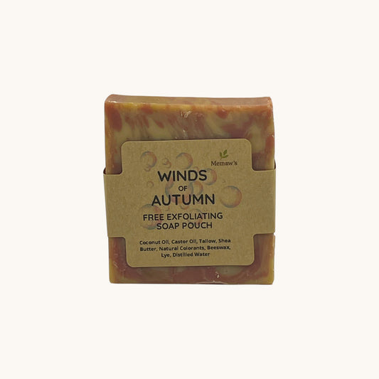 Memaw’s Winds of Autumn tallow soap bar with label, handcrafted natural soap in warm, marbled brown and cream tones.
